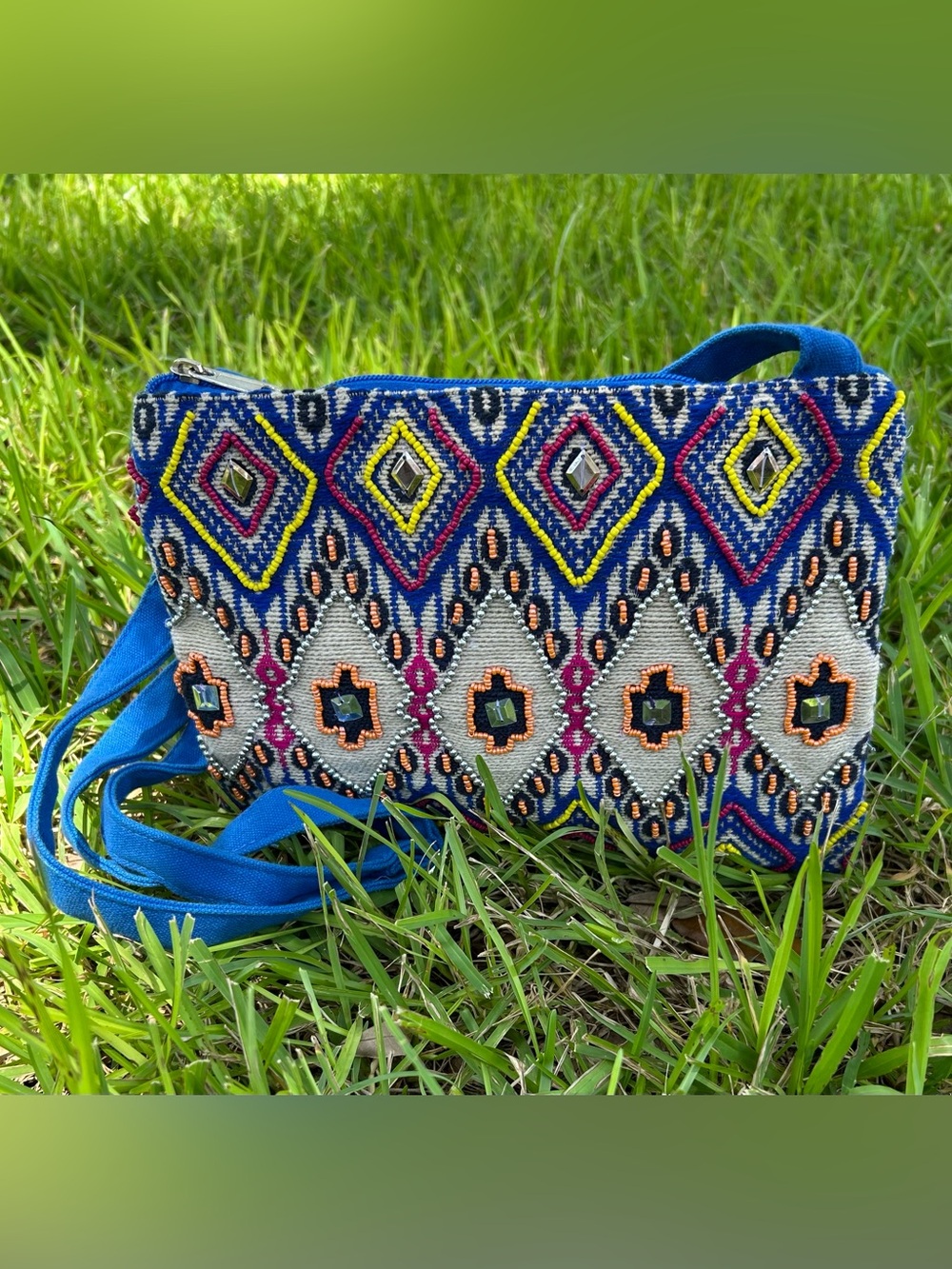 Boho Embroidered Beaded Crossbody Bag - Blue